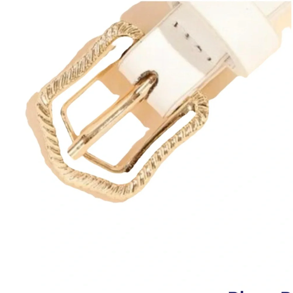 New White Faux Leather Everyday Wear Belt With Gold Tone Engraved Buckle